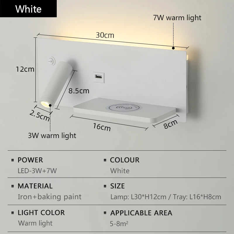 LED Wall Lamp Modern Multifunctional with Wireless Charging USB Interface Bedroom Night Light Indoor Decoration Lighting