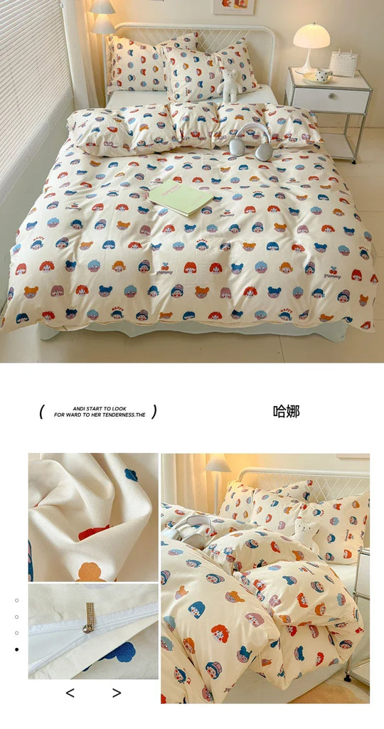 Queen Bedding Set Reactive Printed Bed Sheet Sets Washed Polyester Soft Duvet Cover Bed Sheet Pillowcase Cartoon Bedding Bed Set