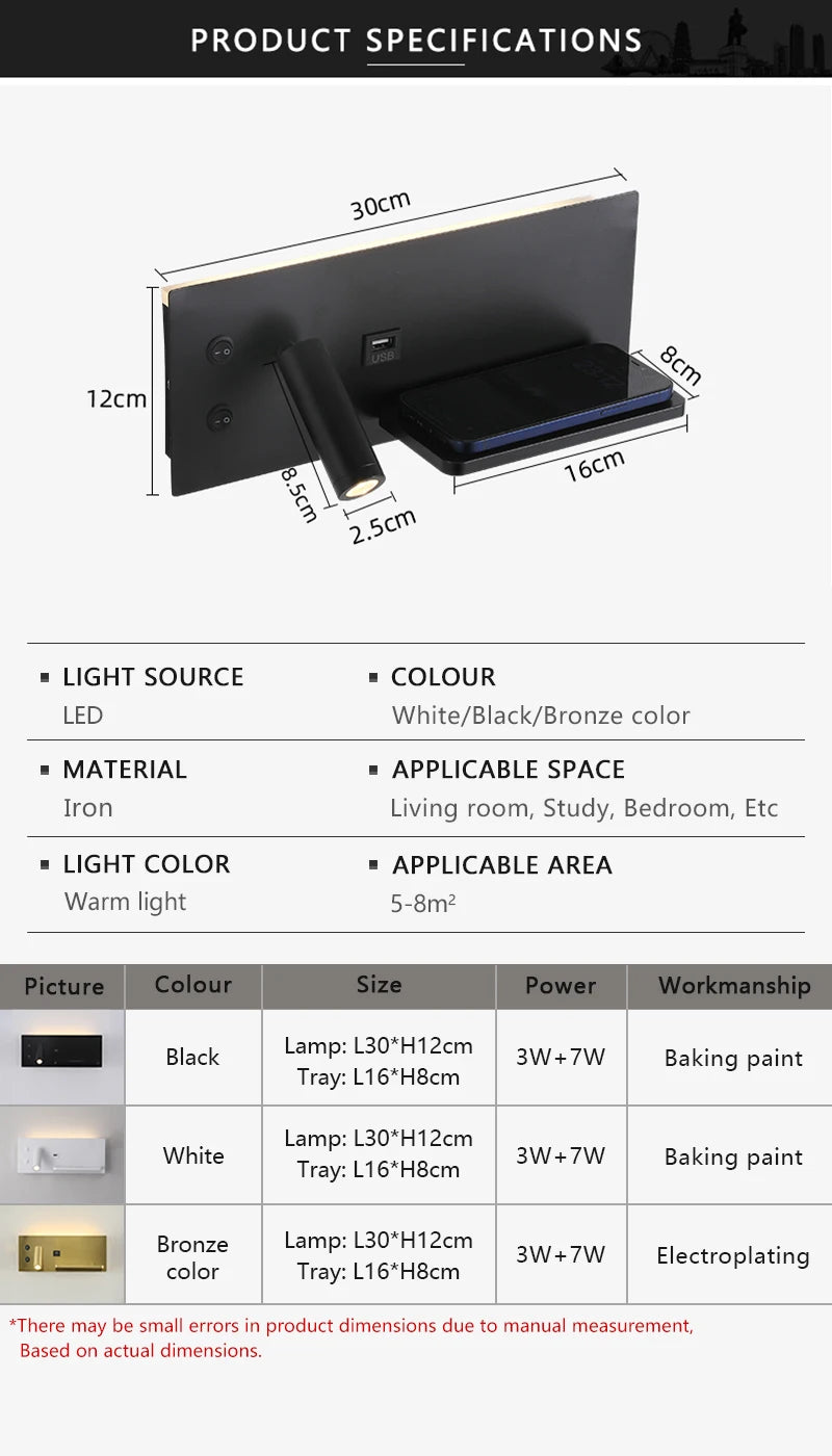 LED Wall Lamp Modern Multifunctional with Wireless Charging USB Interface Bedroom Night Light Indoor Decoration Lighting