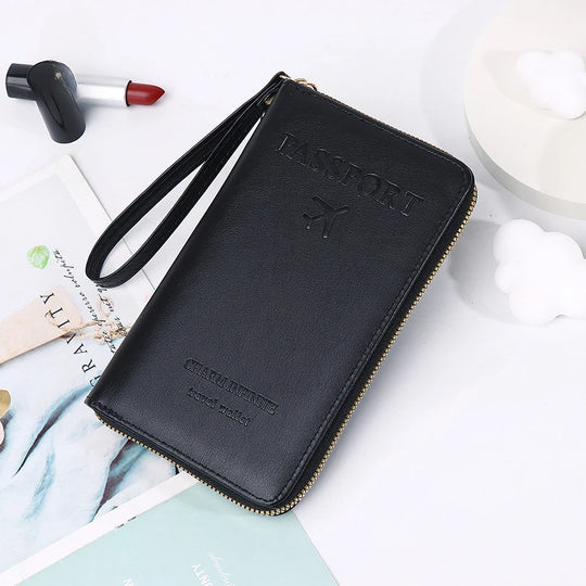 Unisex Men Women Zipper Travel Multi-Function Passport Holder Cover Case Wallet PU Leather Ticket Protective Travel Accessories