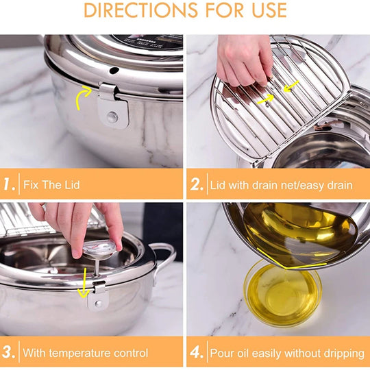 Japanese Deep Frying Pot with a Thermometer and a Lid 304 Stainless Steel Kitchen Tempura Fryer Pan 20/24cm Induction Heating Pa