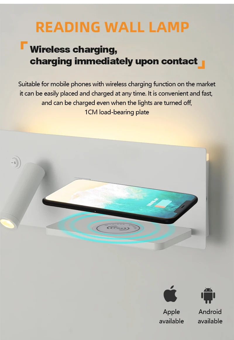 LED Wall Lamp Modern Multifunctional with Wireless Charging USB Interface Bedroom Night Light Indoor Decoration Lighting