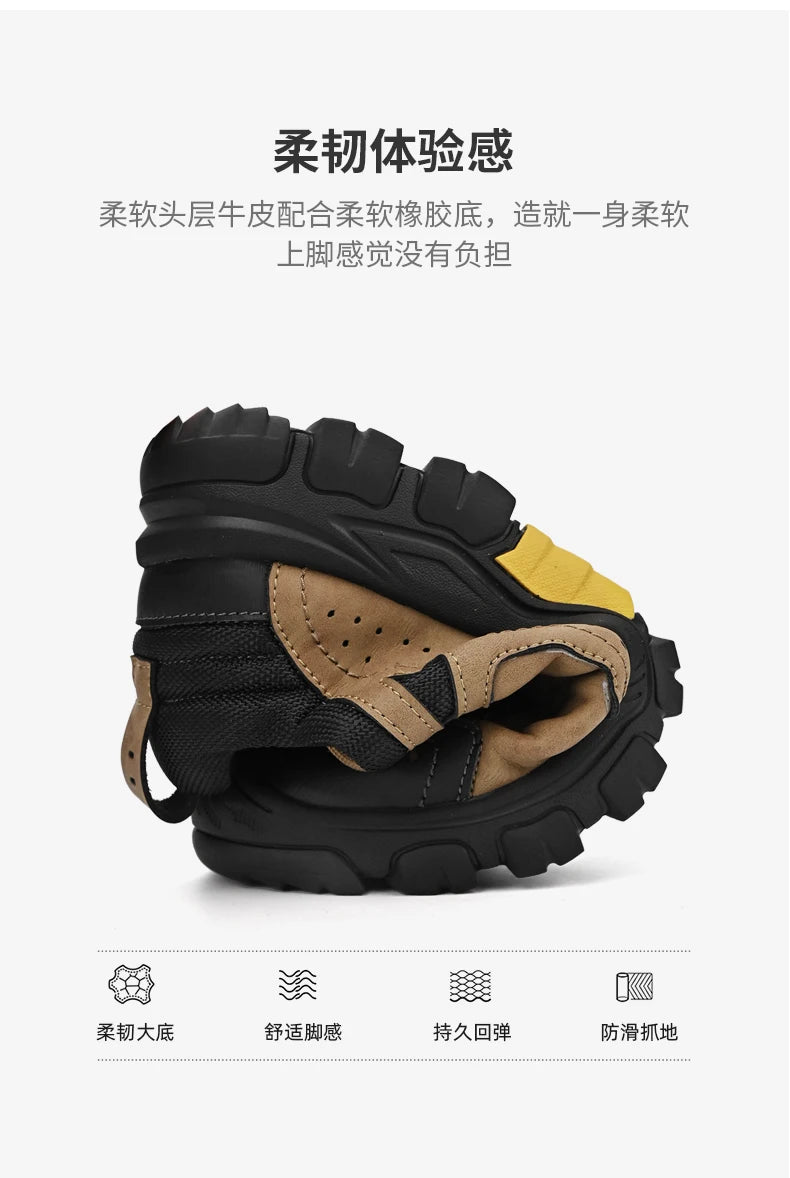Men's Leather Outdoor Lace Up Anti Slip Sports Shoes Comfortable  Lightweight Hiking Shoes Casual  Breathable Hiking Shoes