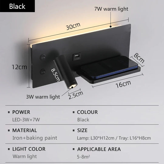 LED Wall Lamp Modern Multifunctional with Wireless Charging USB Interface Bedroom Night Light Indoor Decoration Lighting