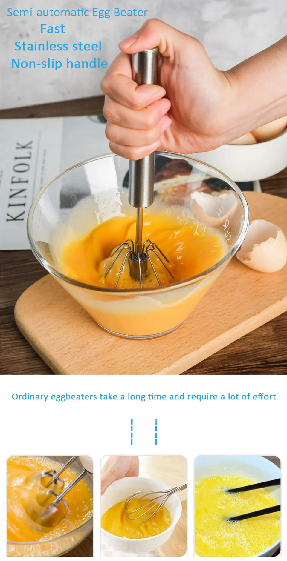 Semi-Automatic Egg Beater 304 Stainless Steel Egg Whisk Manual Hand Mixer Self Turning Egg Stirrer Kitchen Egg Tools