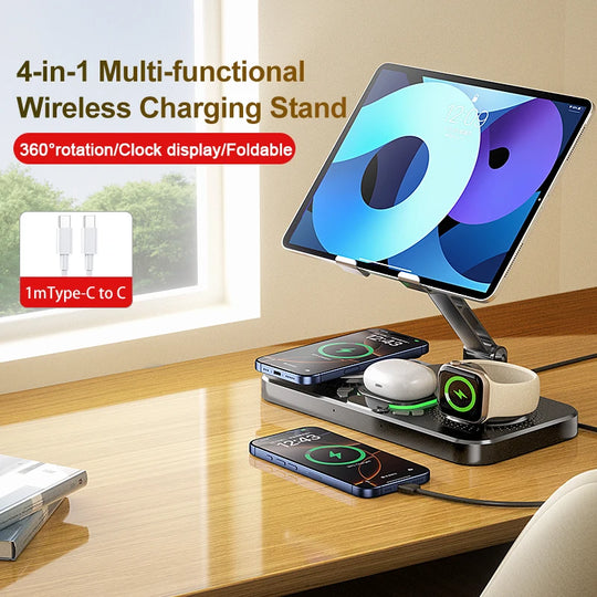 4-in-1 Wireless Charging Station Foldable Multi-function Magnetic Phone Stand Fast Charger For iPhone 16 15 iPad iWatch AirPods