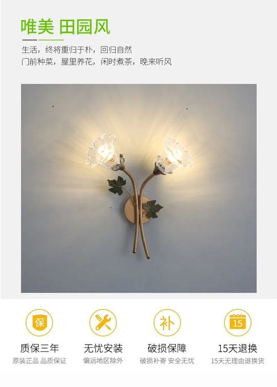 American Wall Lamp - Modern Minimalist & French Rustic Floral Design for Living Room/Bedroom Headboard