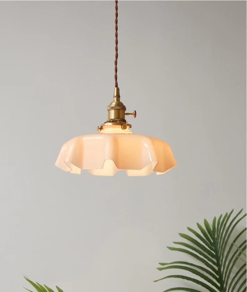 Modern Glass Flower Long-linePendant Lamp With Switch Aluminum all-Copper Lamp Head Bedroom Bedside And Dining Room Lighting