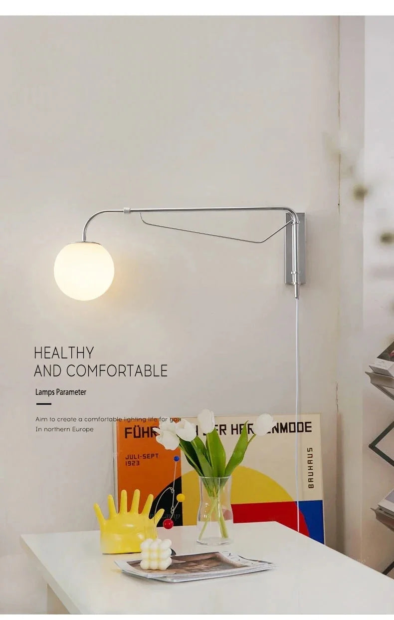 LED Wall Light  Chrome Long Pole Rocker Arm Wall Lamps Rotatable Arm Lamp Minimalist Bedroom Living Room