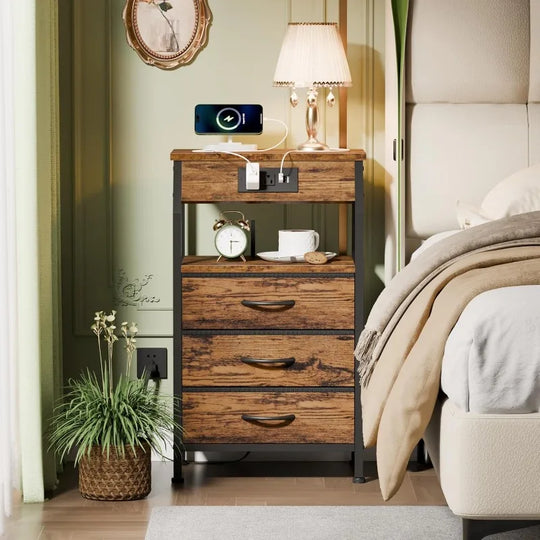 Furnulem Night Stand With Charging Statio 28.3 Inch Tall Side Table With Fabric Drawers And Storage Shelf Bedside Table With