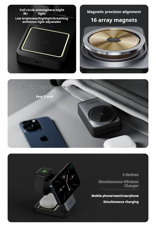 Foldable Magnetic 3-in-1 Wireless Charging Station 15W Fast Charge - Portable Travel Dock for iPhone 16/15/14 Pro Max Series