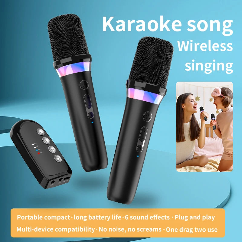 DS-K2 Karaoke Companion Bluetooth 5.3 Wireless Microphones with RGB Lights & DSP Mixer