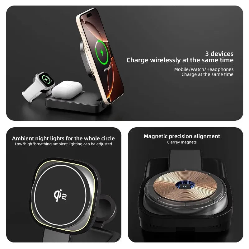3 In 1 Magnetic Wireless Charger QI2 Folding Wireless Charging Station for Magsafe  iPhone 16 15 14 13 iWatch 9 8 7 AirPods Pro