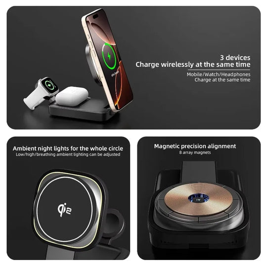 3 In 1 Magnetic Wireless Charger QI2 Folding Wireless Charging Station for Magsafe  iPhone 16 15 14 13 iWatch 9 8 7 AirPods Pro