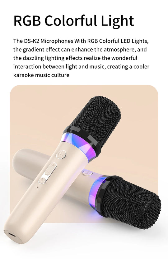 DS-K2 Karaoke Companion Bluetooth 5.3 Wireless Microphones with RGB Lights & DSP Mixer