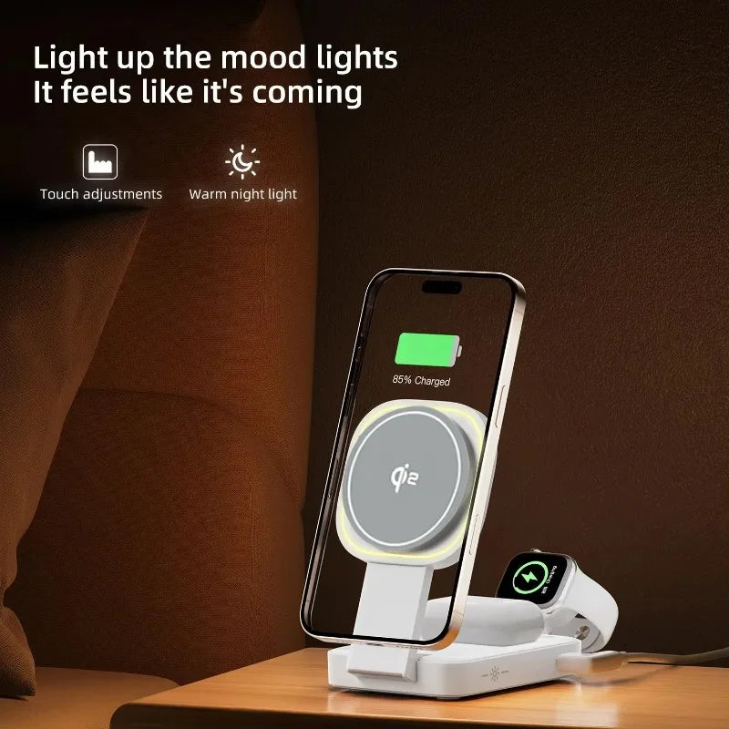 3 In 1 Magnetic Wireless Charger QI2 Folding Wireless Charging Station for Magsafe  iPhone 16 15 14 13 iWatch 9 8 7 AirPods Pro