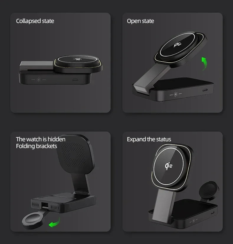 3 In 1 Magnetic Wireless Charger QI2 Foldable Charging Station For Magsafe iPhone 16 15 14 13 12 iWatch 9 8 7 AirPods 3 2 Pro*