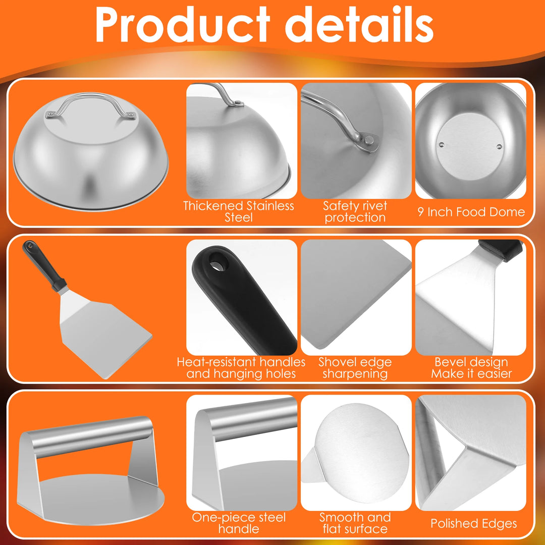 Smash Burger Kit with Lid Griddle Spatula 5.5 Inch Stainless Steel Burger Press 8.9 Inch Basting Cover 13.38 x 5.5 Inch Grill