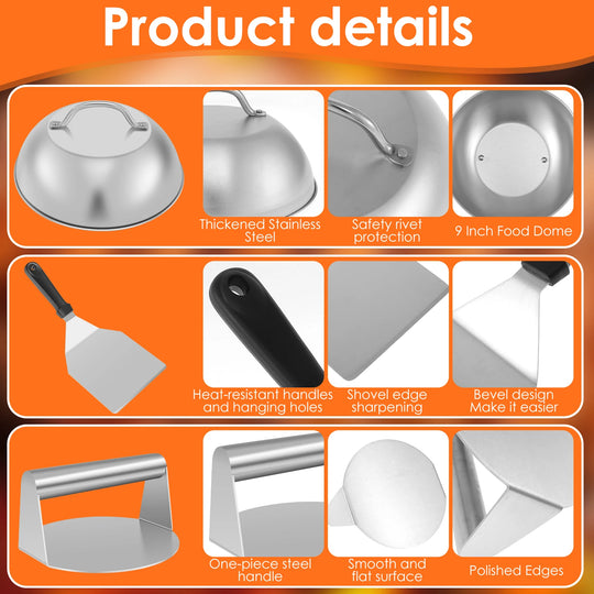 Smash Burger Kit with Lid Griddle Spatula 5.5 Inch Stainless Steel Burger Press 8.9 Inch Basting Cover 13.38 x 5.5 Inch Grill