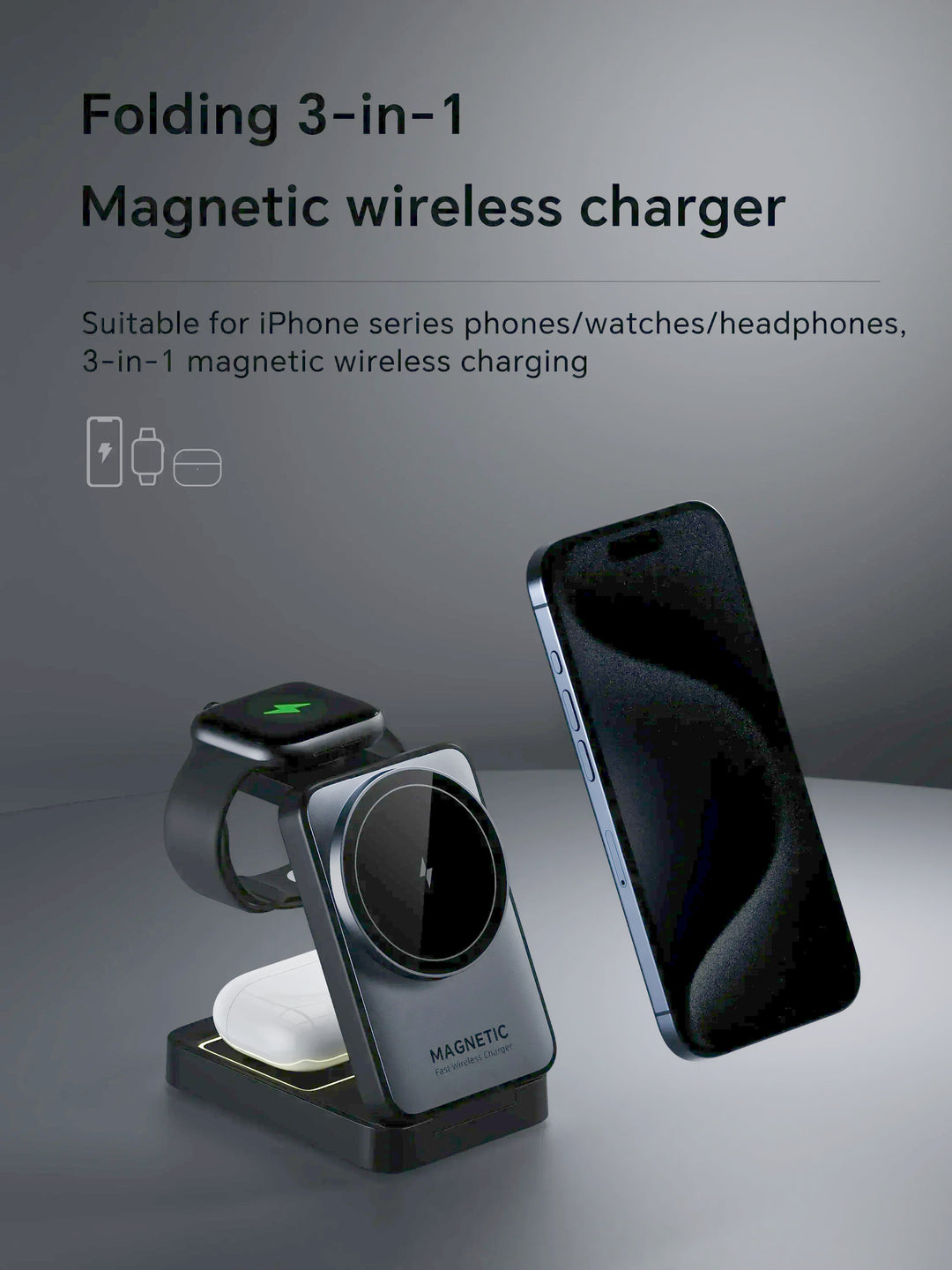 Foldable 3 In 1 Magnetic Wireless Charger Stand For Magsafe iPhone 16 15 14 13 12 iWatch 6 7 8 Airpods Pro Fast Charging Station
