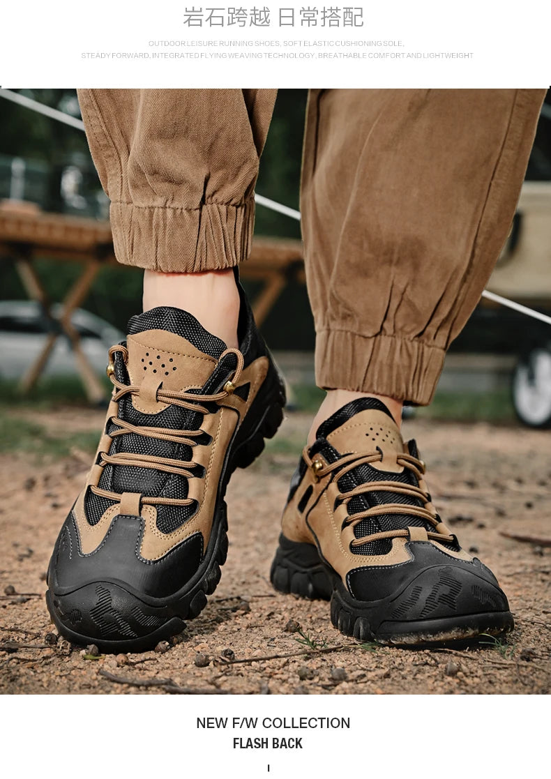 Men's Leather Outdoor Lace Up Anti Slip Sports Shoes Comfortable  Lightweight Hiking Shoes Casual  Breathable Hiking Shoes