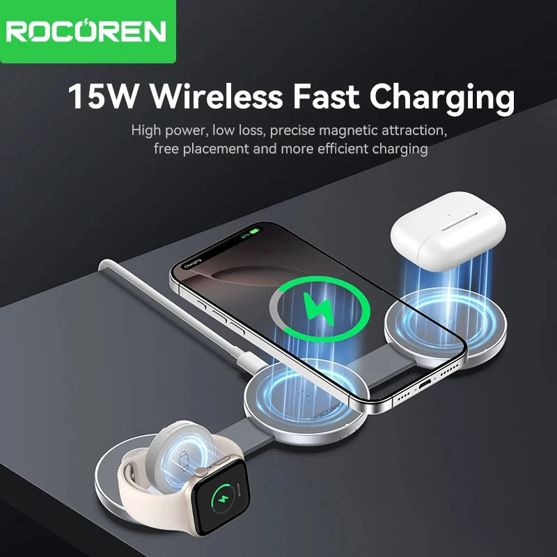 Rocoren Foldable 3-in-1 Magnetic Wireless Charger