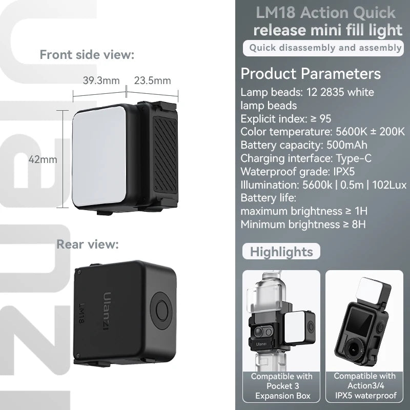 Ulanzi LM18 Led Video Fill Light IPX5 Waterproof  Magnetic 5600K for DJI Osmo Action 5/4/3 & Pocket 3 Action Camera Accessories
