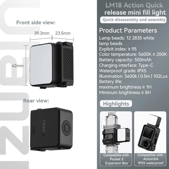 Ulanzi LM18 Led Video Fill Light IPX5 Waterproof  Magnetic 5600K for DJI Osmo Action 5/4/3 & Pocket 3 Action Camera Accessories