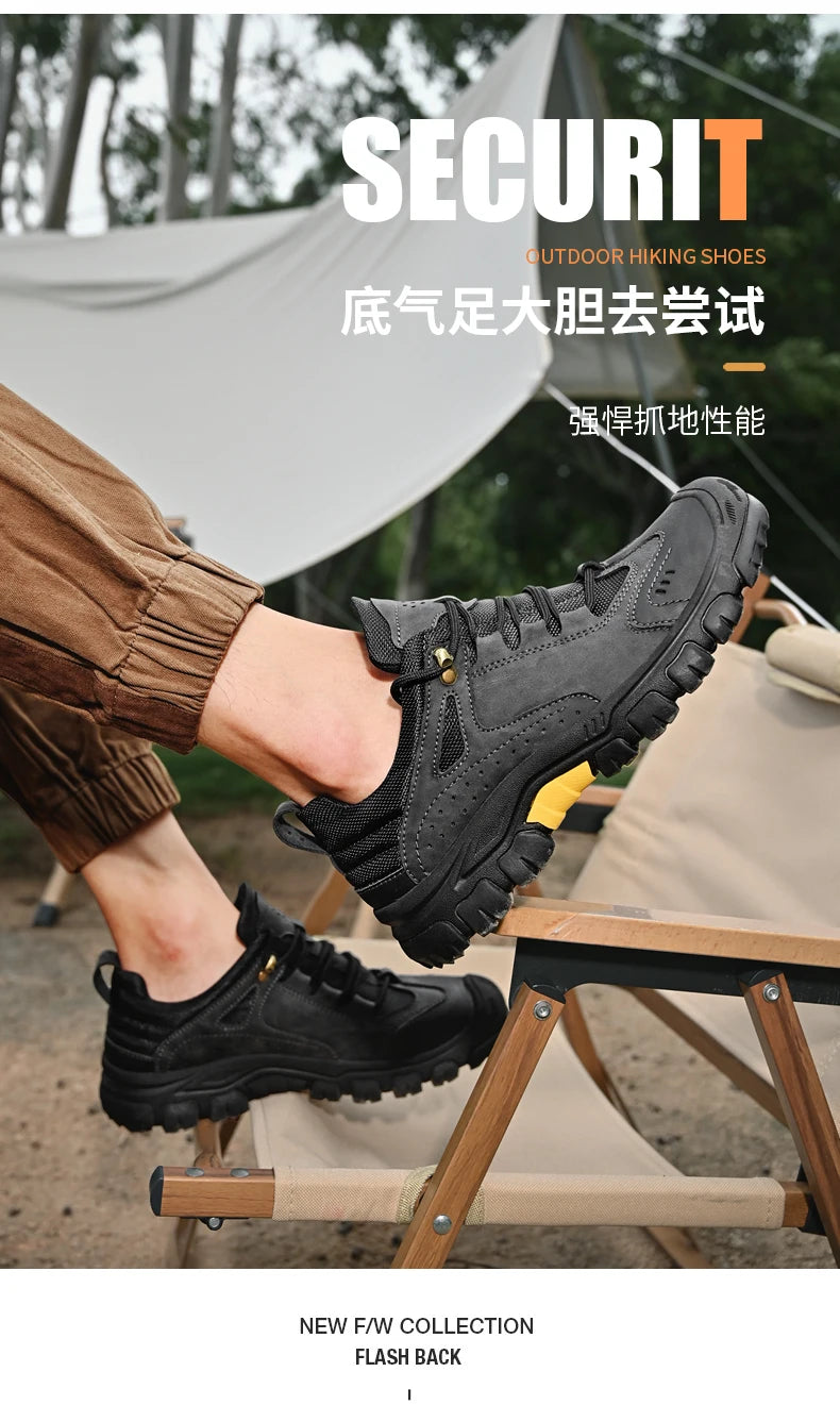 Men's Leather Outdoor Lace Up Anti Slip Sports Shoes Comfortable  Lightweight Hiking Shoes Casual  Breathable Hiking Shoes