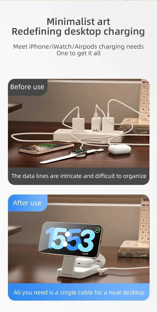 3 In 1 Magnetic Wireless Charger QI2 Foldable Charging Station For Magsafe iPhone 16 15 14 13 12 iWatch 9 8 7 AirPods 3 2 Pro*