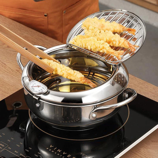 Japanese Deep Frying Pot with a Thermometer and a Lid 304 Stainless Steel Kitchen Tempura Fryer Pan 20/24cm Induction Heating Pa