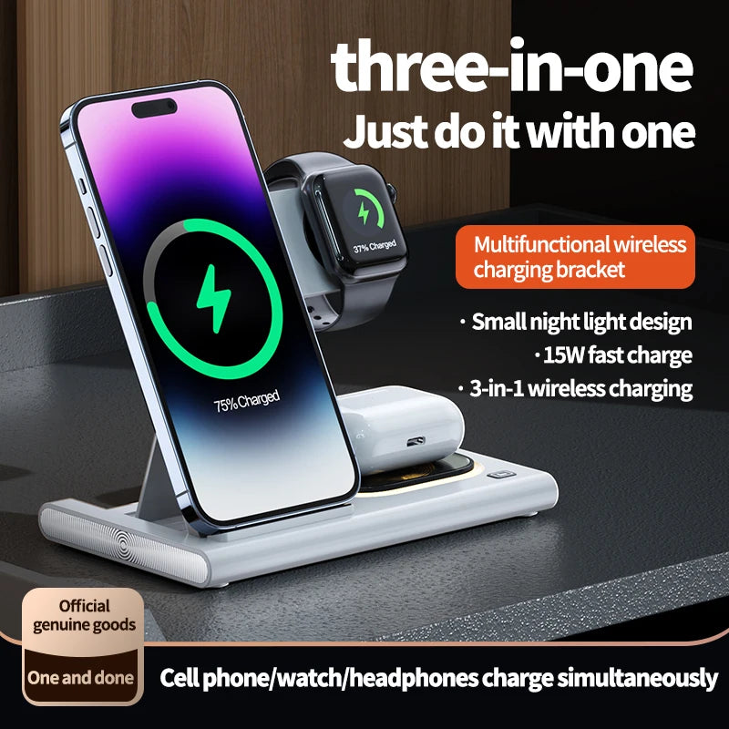 3 in 1 Foldable Charging Station Fast Wireless Charger Travel Dock  for iPhone 11~16 Series ,iWatch Series,AirPods