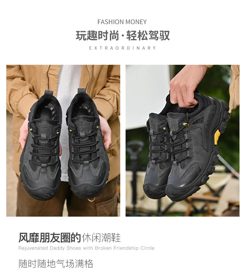 Men's Leather Outdoor Lace Up Anti Slip Sports Shoes Comfortable  Lightweight Hiking Shoes Casual  Breathable Hiking Shoes