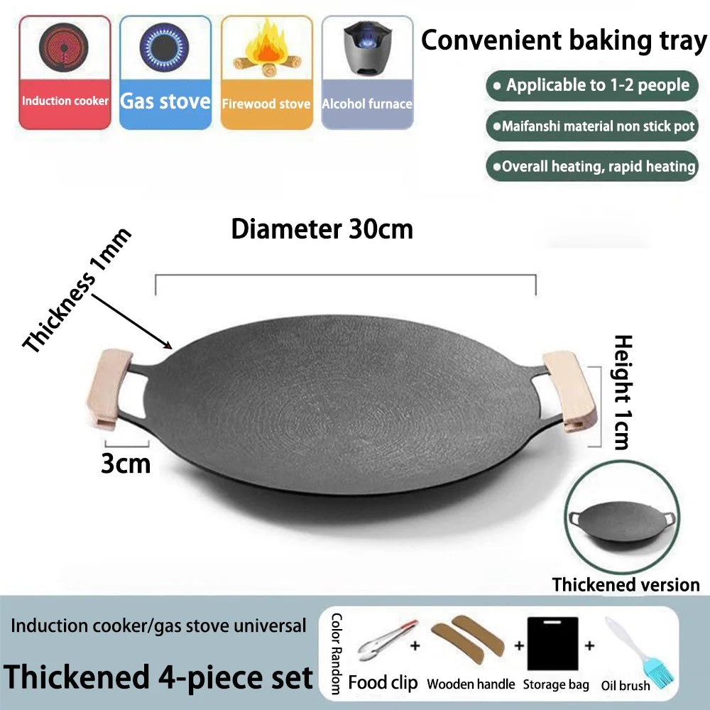 Korean BBQ Grill Pan Smokeless Round Griddle Pan Barbecue Plate Indoor Outdoor Grilling Frying Pan with Heat-resistant holder