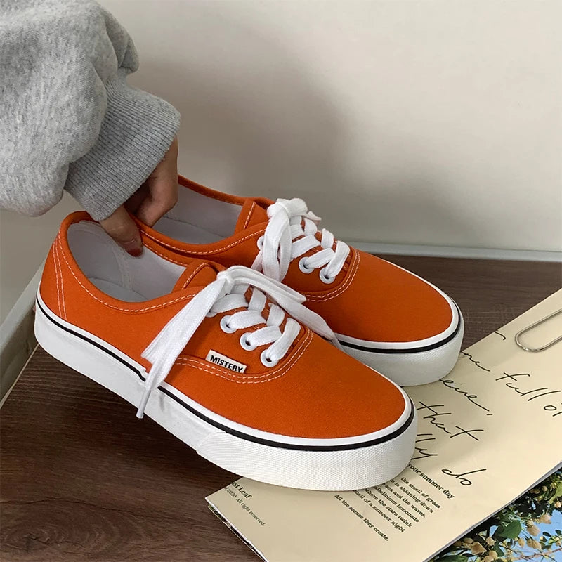 Casual Flats Canvas Sneakers Women Outdoor Solid Color Shallow Sports Shoes Tennis Female Streetwear Lace Up Vulcanize Shoes