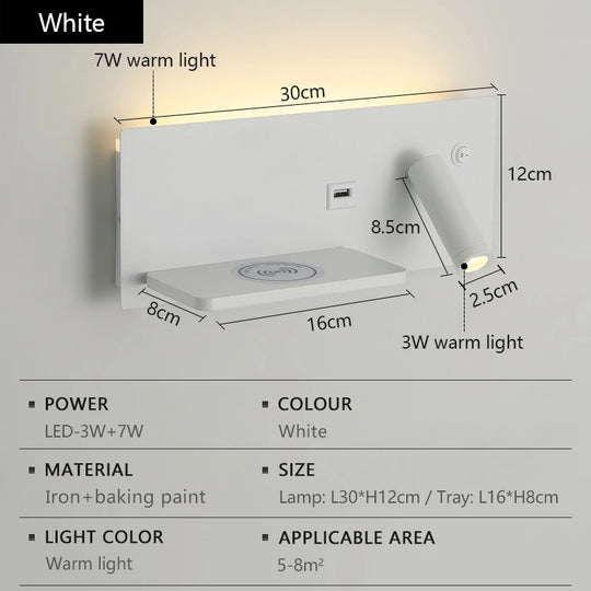 LED Wall Lamp Modern Multifunctional with Wireless Charging USB Interface Bedroom Night Light Indoor Decoration Lighting