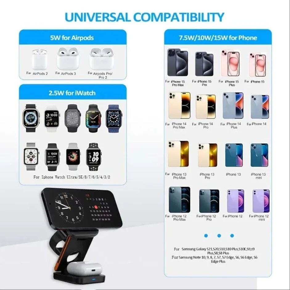 Fast Charging Station 3 in 1 Foldable Magnetic Wireless Charger Stand for iPhone 16 15 14 13 12 iWatch 10-2 Airpods Pro Max