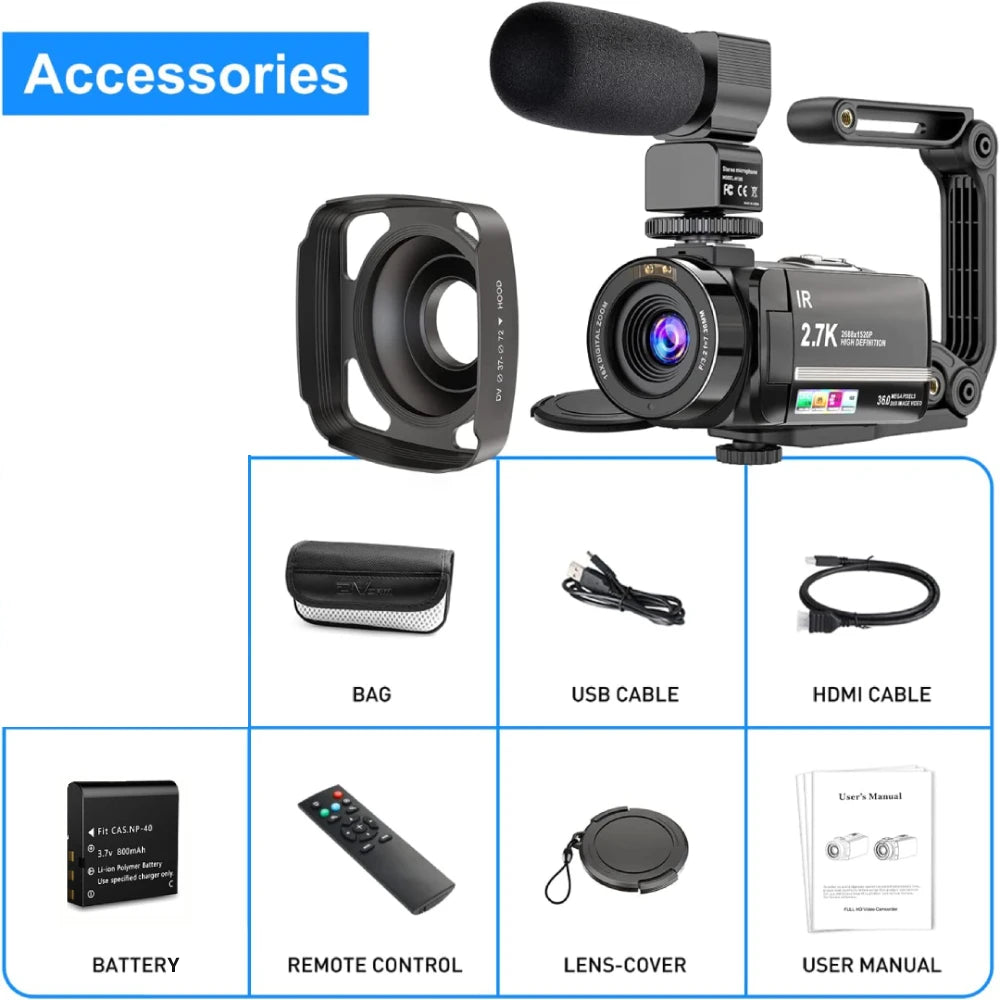 2.7K Camcorder Video Camera 36MP with LED Fill Light