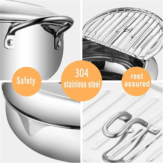 Japanese Deep Frying Pot with a Thermometer and a Lid 304 Stainless Steel Kitchen Tempura Fryer Pan 20/24cm Induction Heating Pa