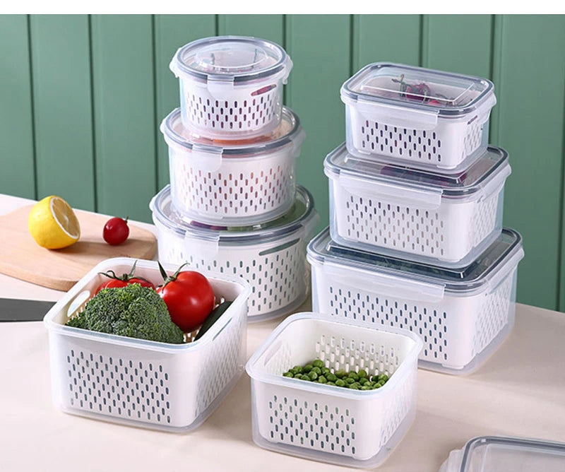 Multipurpose Refrigerator Storage Container with Drain Basket