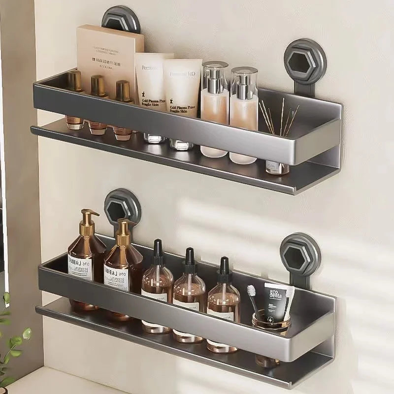 Suction Cup Kitchen Shelf Aluminum Spice Storage Rack Wall Mounted Seasoning Organizer No Drilling Kitchen Organizer Wall Shelf