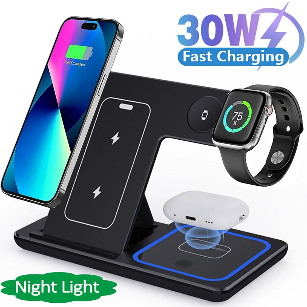 30W 3-in-1 Wireless Charger Stand with LED