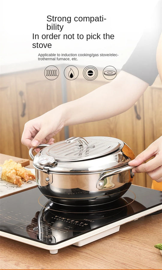 Japanese Deep Frying Pot with a Thermometer and a Lid 304 Stainless Steel Kitchen Tempura Fryer Pan 20/24cm Induction Heating Pa