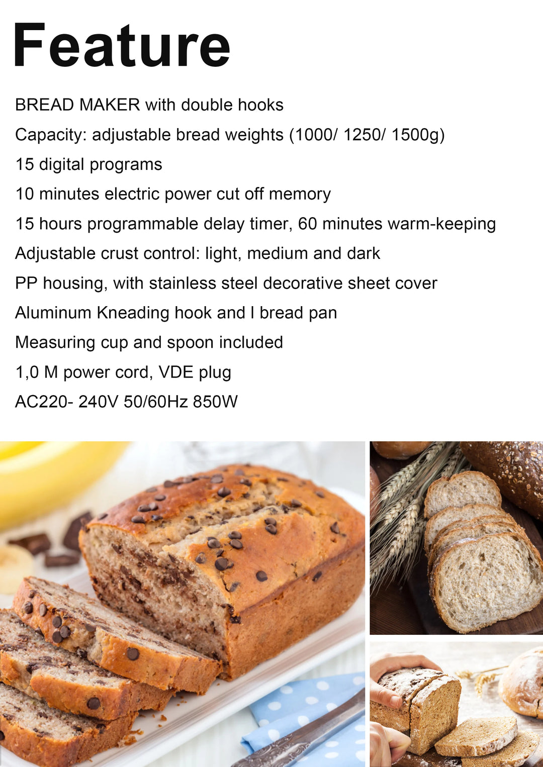 1.5kg Automatic Bread Machine 850w Programmable Bread Maker 15-hour Pre-set Timer Control Panel With Lcd Display Sonifer