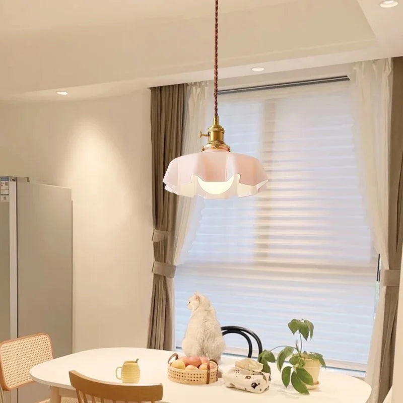 Modern Glass Flower Long-linePendant Lamp With Switch Aluminum all-Copper Lamp Head Bedroom Bedside And Dining Room Lighting