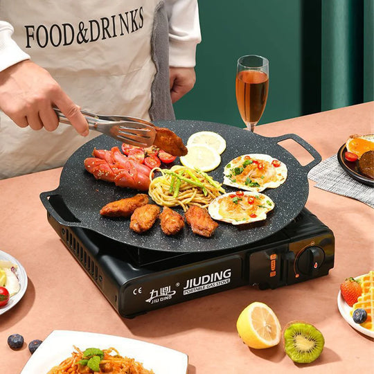 Korean BBQ Grill Pan Smokeless Round Griddle Pan Barbecue Plate Indoor Outdoor Grilling Frying Pan with Heat-resistant holder