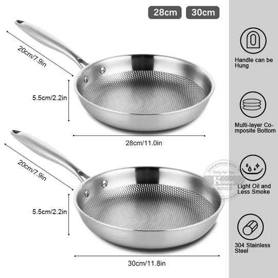 Frying Pan 304 Stainless Steel Skillet 28/30cm Non-stick Pan NO-coating Eggs Steak Frying Pot Use Gas and Induction Stove Woks