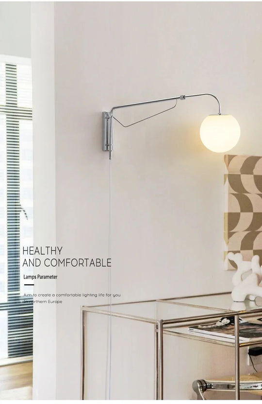 LED Wall Light  Chrome Long Pole Rocker Arm Wall Lamps Rotatable Arm Lamp Minimalist Bedroom Living Room