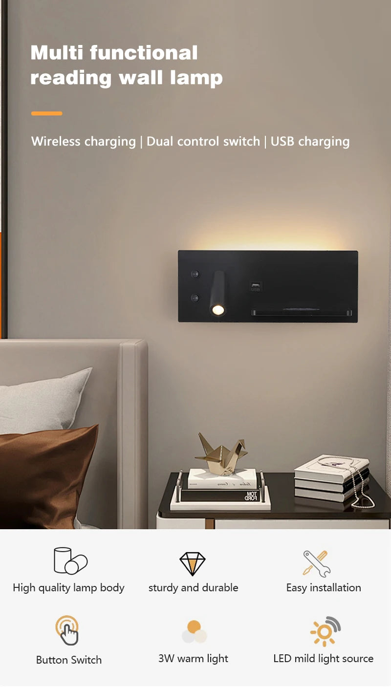LED Wall Lamp Modern Multifunctional with Wireless Charging USB Interface Bedroom Night Light Indoor Decoration Lighting