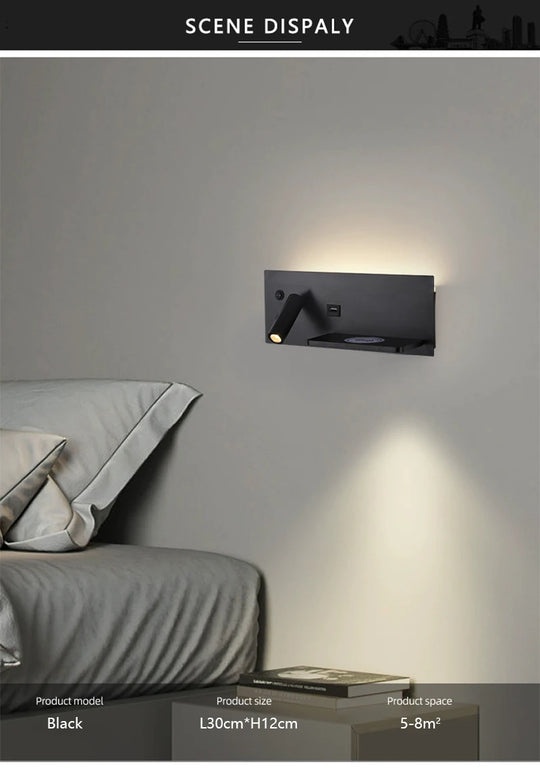 LED Wall Lamp Modern Multifunctional with Wireless Charging USB Interface Bedroom Night Light Indoor Decoration Lighting